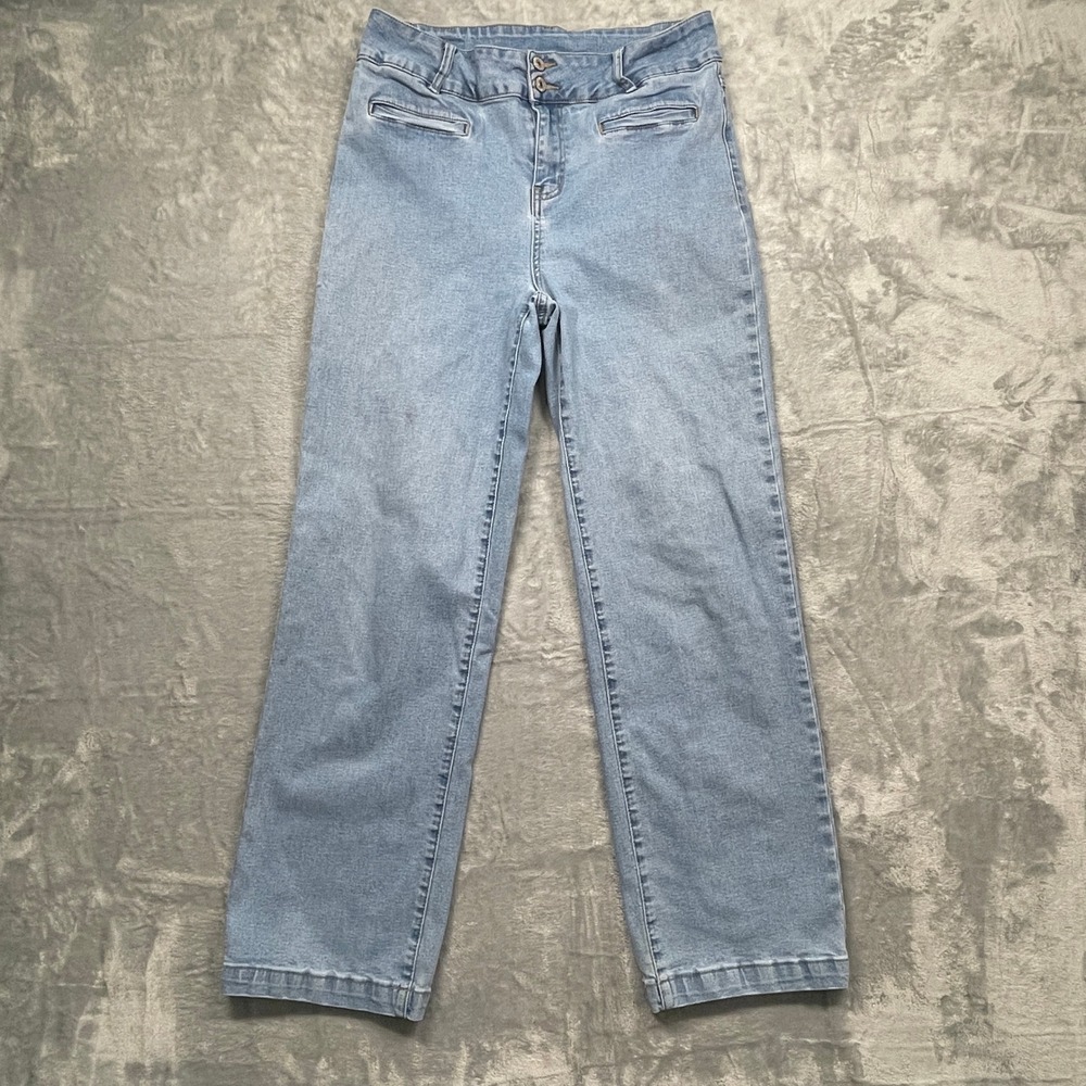 Sidefeel Wide Leg Jeans Women Size 12 Light Blue High Rise Double Button Denim